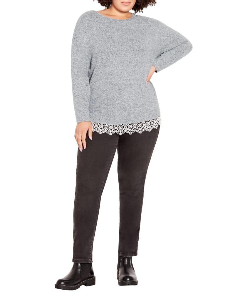 Front of a model wearing a size 14 Iva Soft Touch Lace Hem Top in Cool Gray by Evans. | dia_product_style_image_id:234278